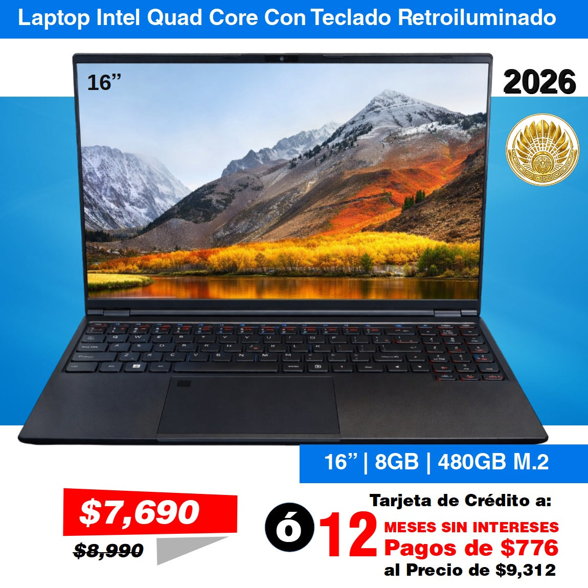Laptop Nueva Intel Quad Core 16" con 8GB RAM 512GB Almacenamiento 1 Año Garantia + Gratis Mouse