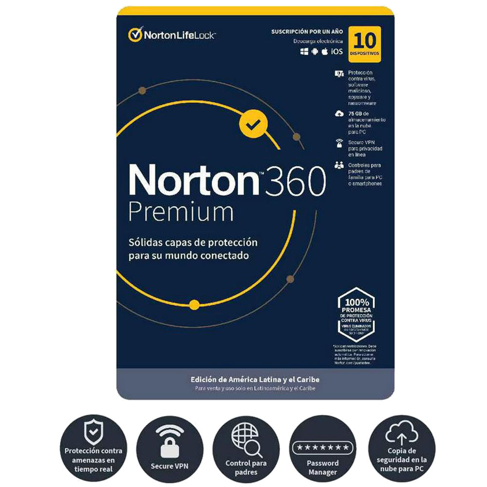 Norton Antivirus 360 Premium 75gb 10 Dispositivos 1 Año