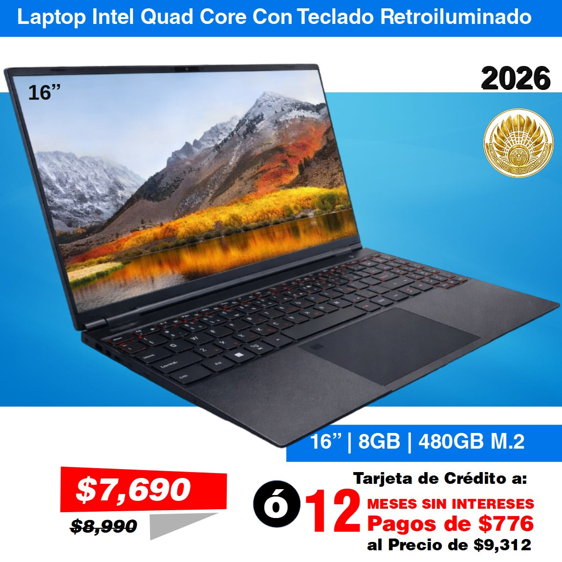 Laptop Nueva Intel Quad Core 16" con 8GB RAM 512GB Almacenamiento 1 Año Garantia + Gratis Mouse
