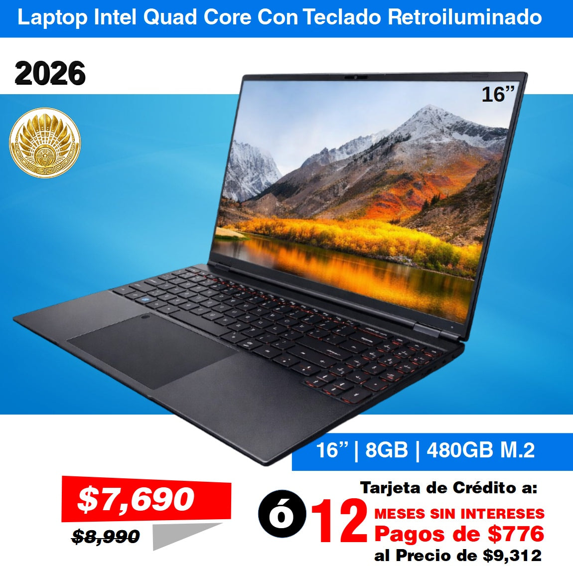 Laptop Nueva Intel Quad Core 16" con 8GB RAM 512GB Almacenamiento 1 Año Garantia + Gratis Mouse